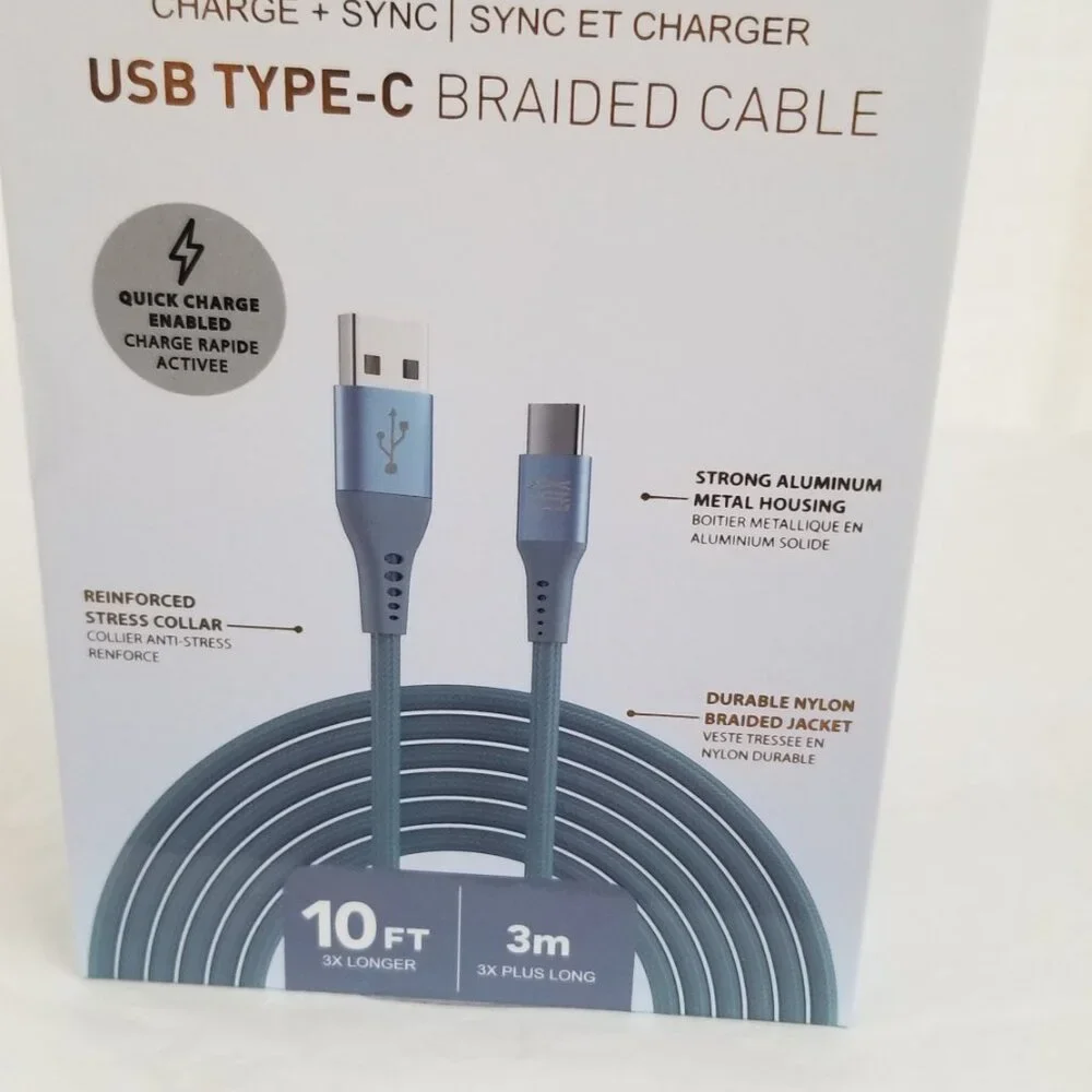 LAX USB Type C Braided Cable Android Apple Compatible 10 Ft. Blue Brand New